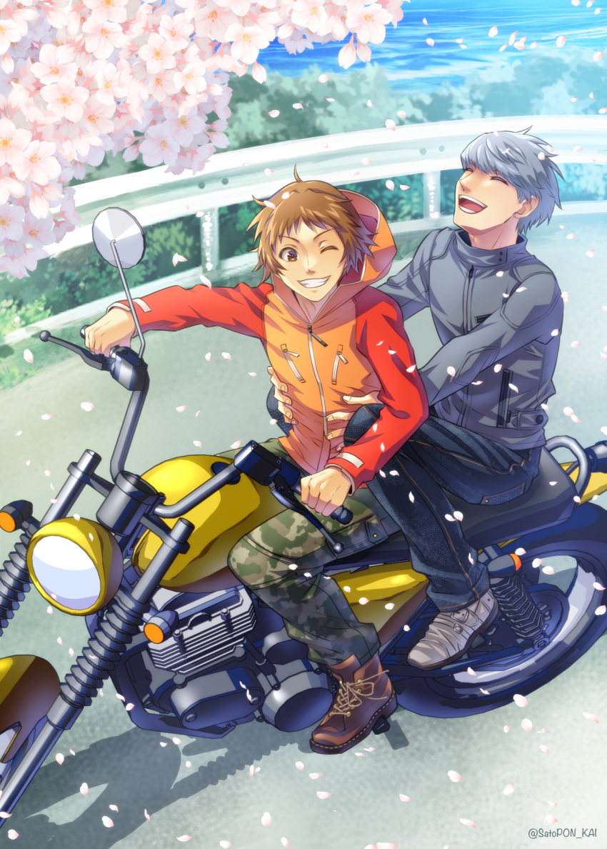 2boys :d ^_^ black_jacket boots brown_footwear brown_hair cherry_blossoms closed_eyes commentary_request day driving falling_petals friends from_above grey_hair grin hanamura_yousuke highres hug hug_from_behind jacket motor_vehicle motorcycle multiple_boys narukami_yuu one_eye_closed open_mouth outdoors pants persona persona_4 petals red_jacket sato-pon short_hair sitting smile spiky_hair teeth twitter_username v-shaped_eyebrows white_footwear