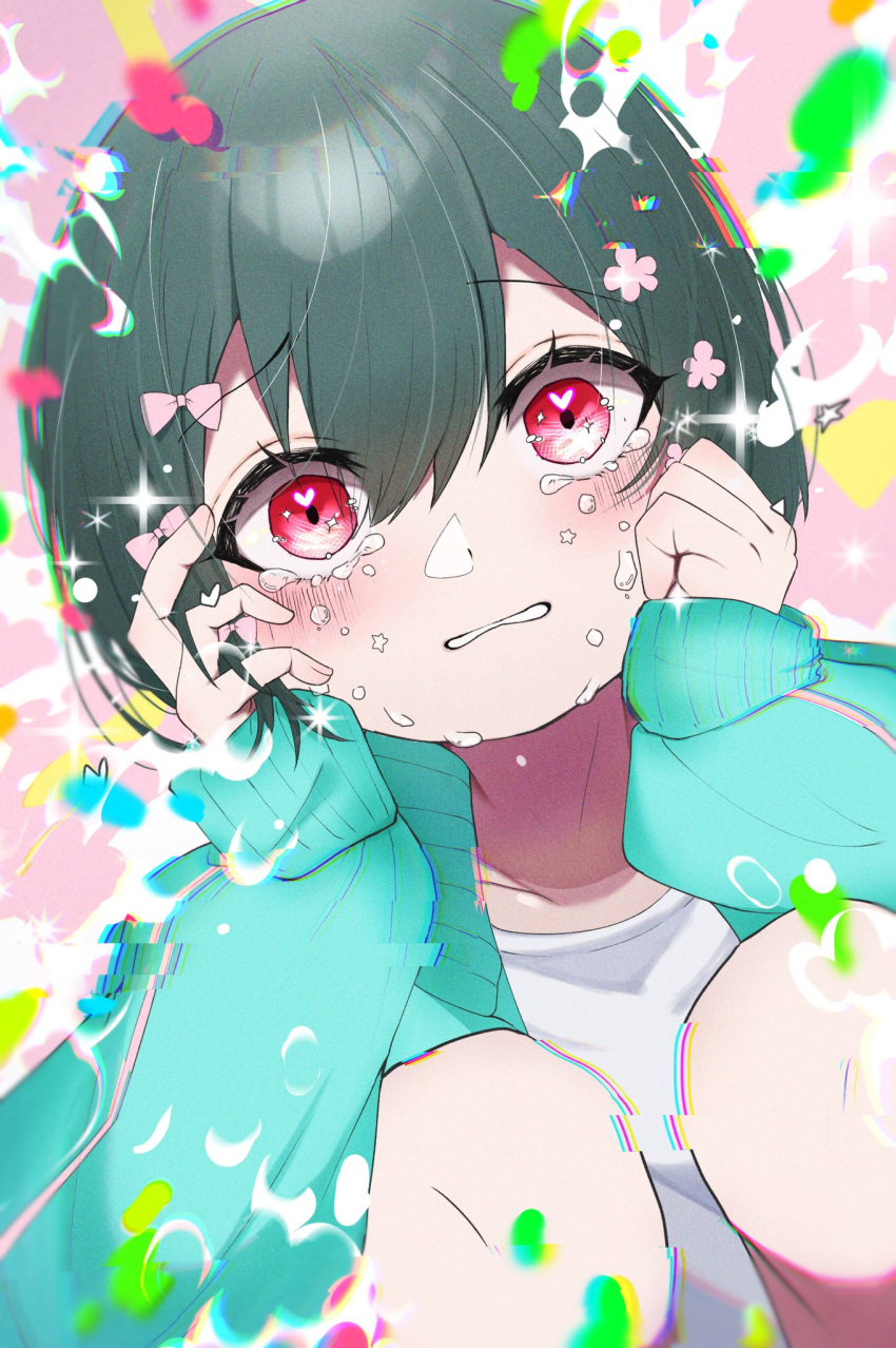 1girl aqua_jacket black_hair blush bow chromatic_aberration commentary_request crying crying_with_eyes_open dutch_angle feet_out_of_frame flower furrowed_brow glitch grimace hair_bow hair_flower hair_ornament hands_on_own_cheeks hands_on_own_face heart heart_in_eye highres jacket knees_up kyu-kurarin_(cevio) looking_at_viewer multiple_hair_bows open_clothes open_jacket parted_lips pink_background pink_bow pink_flower raised_eyebrows red_eyes shiroue_tomari shirt short_hair sleeves_past_wrists solo sparkle symbol_in_eye tears track_jacket white_shirt