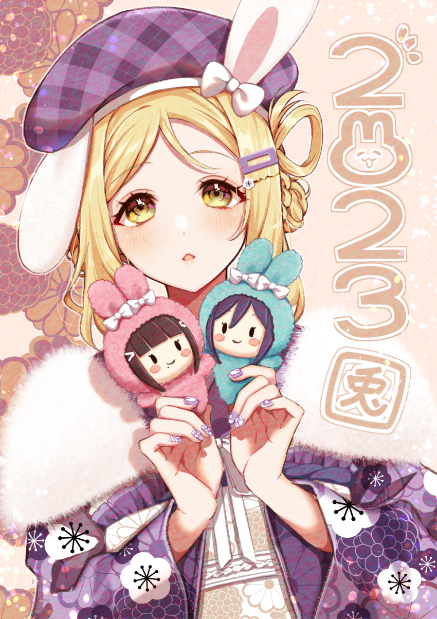 1girl 2023 alternate_costume animal_costume animal_ear_headwear animal_ears beret blonde_hair blush_stickers bow character_doll commentary_request doll fake_animal_ears feather_boa floral_background floral_print hair_ornament hairclip hands_up hat hat_bow highres holding holding_doll japanese_clothes kimono kurosawa_dia looking_at_viewer love_live! love_live!_sunshine!! matsuura_kanan nail_art nky4321 obi obiage obijime ohara_mari open_mouth outline plaid_headwear print_kimono purple_headwear purple_kimono purple_nails rabbit_costume rabbit_ears sash single_hair_ring solo straight-on symbol_in_eye upper_body white_bow white_outline yellow_eyes