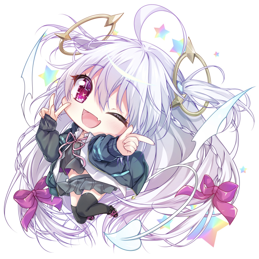 1girl :d absurdres ahoge amatsuji black_jacket black_skirt black_thighhighs blush bow braid chibi commentary_request demon_girl demon_tail demon_wings dia_(amatsuji) eyelashes eyes_visible_through_hair fang grey_hair hair_between_eyes hair_bow hair_spread_out hands_up happy heart heart_tail highres hood hood_down hooded_jacket jacket jumping long_hair looking_at_viewer miniskirt open_clothes open_jacket open_mouth open_shirt original pink_bow pink_ribbon pleated_skirt pointing pointing_at_viewer red_eyes ribbon shirt simple_background single_braid skirt sleeves_past_wrists smile solo sparkling_eyes star_(symbol) tail thigh-highs two_side_up v very_long_hair white_background white_shirt wings zettai_ryouiki