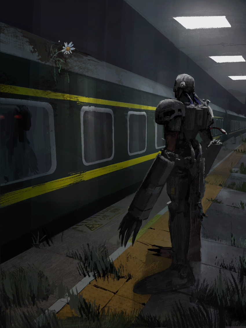 android andromon bly_mead cable digimon flower full_body grass ground_vehicle highres lights reflection shadow standing train train_station white_flower