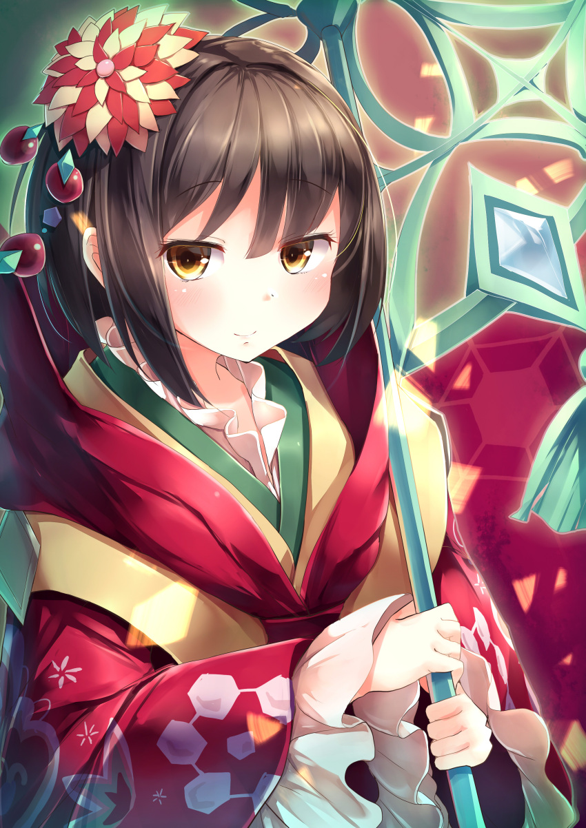 1girl absurdres blunt_bangs blush brown_hair duel_monster eyebrows_hidden_by_hair floral_print flower hair_flower hair_ornament highres holding holding_umbrella japanese_clothes kanzakietc kanzashi_the_rikka_queen kimono long_sleeves looking_at_viewer orange_eyes parasol parted_bangs red_flower red_kimono short_hair smile umbrella yu-gi-oh!