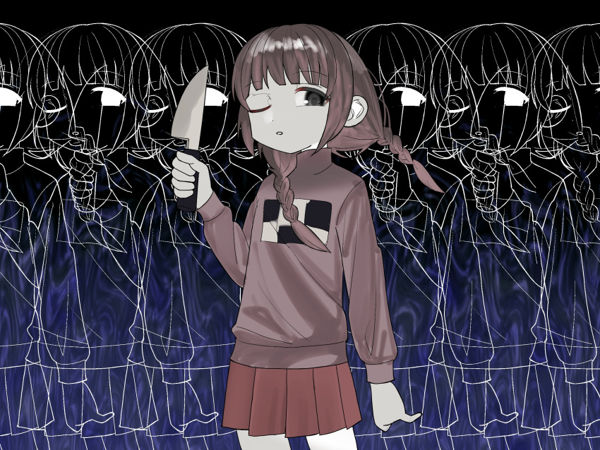 1girl arm_at_side black_background black_eyes blunt_bangs braid brown_hair cowboy_shot distortion floating_hair hand_up highres holding holding_knife inverted_colors knife long_hair long_sleeves looking_at_viewer low_twin_braids madotsuki multicolored_background numamomi one_eye_closed open_mouth partially_colored pink_sweater pixels pleated_skirt purple_background recurring_image red_skirt skirt sweater turtleneck turtleneck_sweater twin_braids yume_nikki