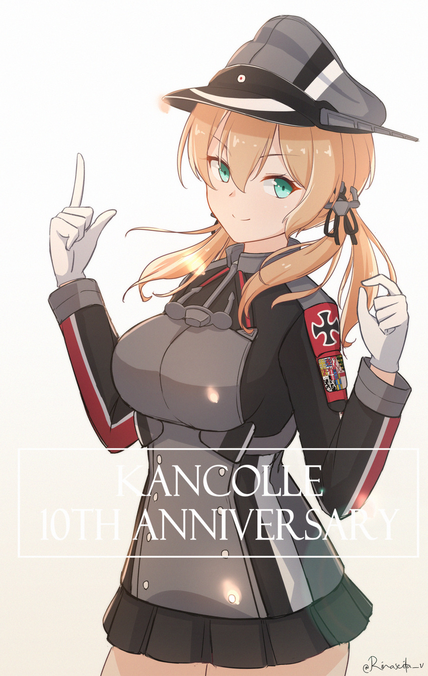 1girl absurdres anchor_hair_ornament anniversary aticsanir black_skirt blonde_hair breasts copyright_name cowboy_shot cross english_text gloves green_eyes hair_ornament hat highres iron_cross kantai_collection large_breasts long_hair long_sleeves looking_at_viewer low_twintails microskirt military military_hat military_uniform peaked_cap pleated_skirt prinz_eugen_(kancolle) skirt smile solo twintails uniform white_gloves