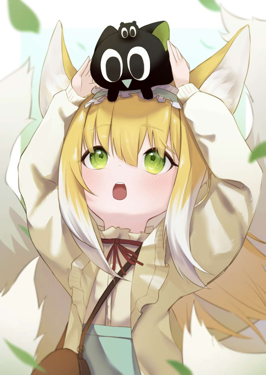 1girl absurdres animal_ear_fluff animal_ears aqua_hairband arknights bag black_cat blonde_hair blush brown_bag cardigan cat commentary crossover fox_ears fox_girl fox_tail frilled_hairband frills green_eyes hair_ornament hairband heixiu highres kitsune kyuubi long_hair long_sleeves luo_xiaohei luo_xiaohei_zhanji multicolored_hair multiple_tails neck_ribbon official_alternate_costume on_head open_cardigan open_clothes open_mouth puffy_long_sleeves puffy_sleeves red_ribbon ribbon shirt shoulder_bag sidelocks sleeve_cuffs solo suzuran_(arknights) suzuran_(spring_praise)_(arknights) tail teeth two-tone_hair upper_body upper_teeth_only white_hair worimehl yellow_cardigan yellow_shirt