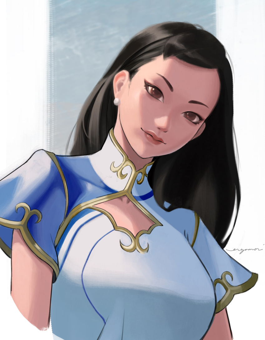 1girl absurdres alternate_hairstyle black_hair blue_dress brown_eyes china_dress chinese_clothes chun-li dress earrings erzomori eyeliner gold_trim hair_down head_tilt highres jewelry looking_at_viewer makeup multicolored_clothes multicolored_dress pearl_earrings street_fighter street_fighter_6
