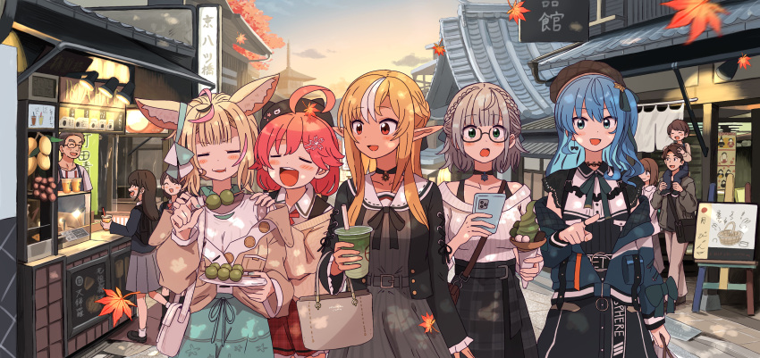 6+girls absurdres ahoge animal_ears architecture autumn_leaves bag beret blonde_hair blue_hair blunt_bangs blush_stickers brown_hair carrying cellphone commentary_request cup dango day disposable_cup drinking_straw east_asian_architecture eating food fox_ears glasses grey_hair handbag hat highres hololive hoshimachi_suisei hoshimachi_suisei_(3rd_costume) ice_cream_cone kaigaraori kyoto long_hair matcha_(food) multiple_girls official_alternate_costume omaru_polka omaru_polka_(3rd_costume) outdoors partial_commentary phone pink_hair pointing pointy_ears sakura_miko sakura_miko_(3rd_costume) sanshoku_dango shiranui_flare shiranui_flare_(3rd_costume) shiranui_kensetsu shirogane_noel shirogane_noel_(3rd_costume) shoulder_carry smartphone star_(symbol) star_in_eye sunset symbol_in_eye tile_roof virtual_youtuber wagashi