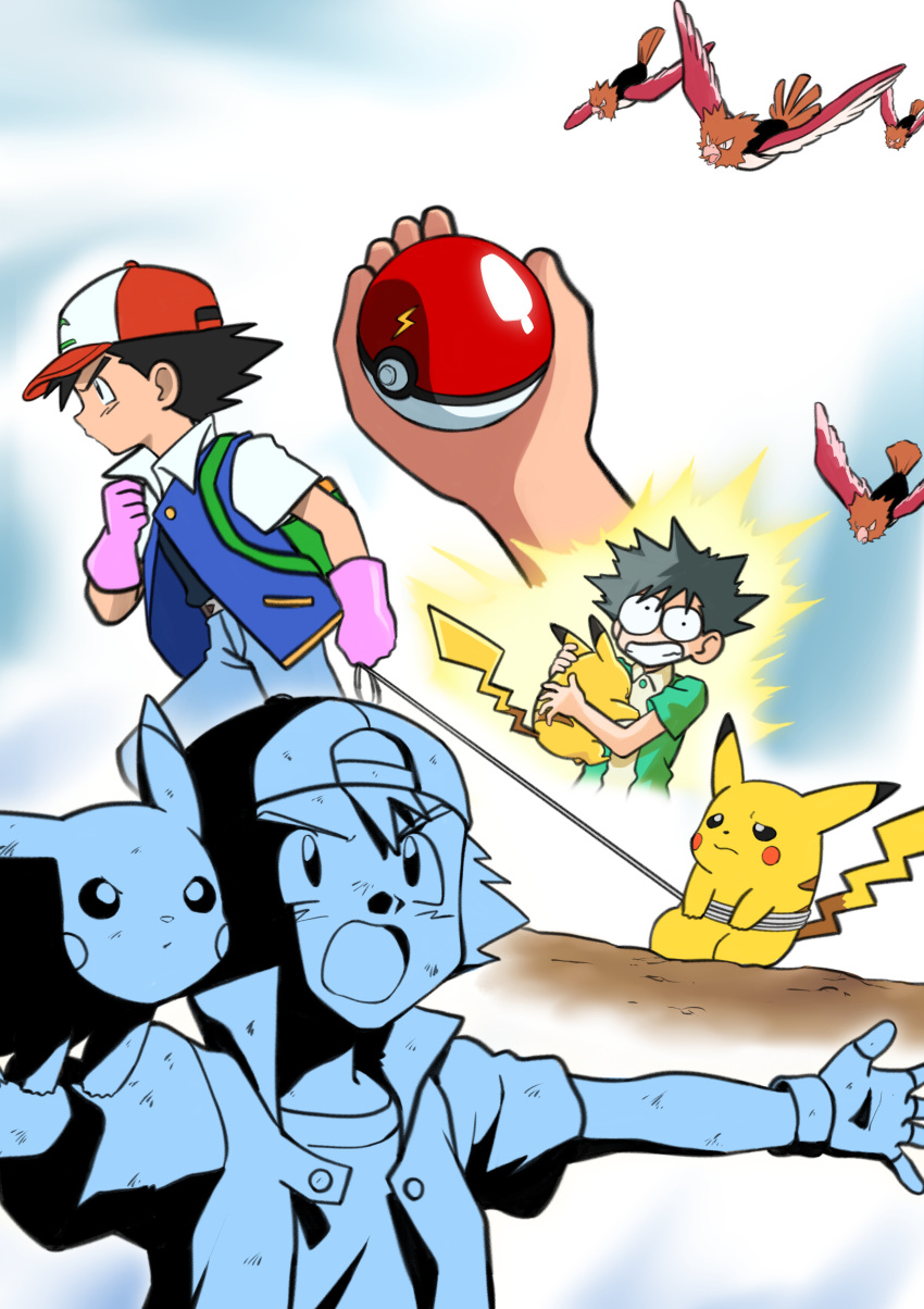 1boy absurdres ash_ketchum bird black_hair black_shirt blue_jacket closed_mouth commentary_request electrocution fingerless_gloves gloves hat highres holding holding_leash holding_poke_ball holding_pokemon jacket leash leash_pull lightning_bolt_print male_focus open_clothes open_jacket open_mouth pants partially_colored pikachu pink_gloves poke_ball pokemon pokemon_(anime) pokemon_(classic_anime) pokemon_(creature) red_headwear rubber_gloves shirt spearow tankobukids