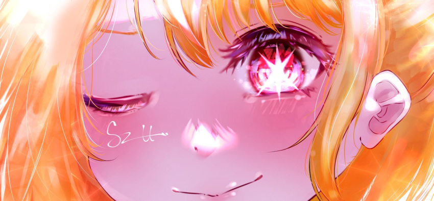 1girl artist_name blonde_hair blush close-up closed_mouth commentary_request eye_focus highres hoshino_ruby one_eye_closed oshi_no_ko partial_commentary pink_eyes sizu_picture solo star-shaped_pupils star_(symbol) symbol-shaped_pupils