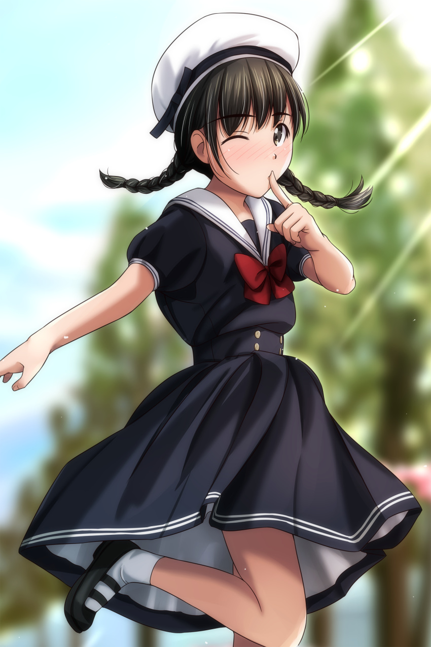 1girl absurdres beret black_dress black_footwear black_hair blue_sky blurry blurry_background blush braid brown_eyes clouds day depth_of_field dress finger_to_mouth hat highres long_hair looking_at_viewer low_twintails matsunaga_kouyou nose_blush original outdoors puffy_short_sleeves puffy_sleeves sailor_collar sailor_dress shoes short_sleeves sky socks solo standing standing_on_one_leg twin_braids twintails white_headwear white_sailor_collar white_socks