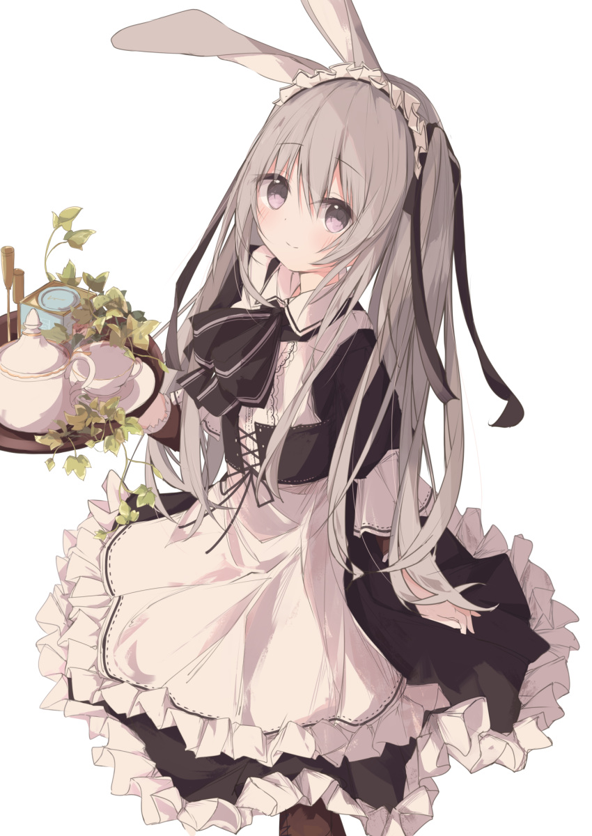 1girl animal_ears apron black_ribbon black_skirt boots brown_footwear closed_mouth commentary_request cross-laced_footwear cup frilled_apron frilled_skirt frills grey_hair hair_between_eyes hair_ribbon highres holding holding_tray kushida_you lace-up_boots long_hair looking_at_viewer maid maid_headdress original partial_commentary rabbit_ears ribbon saucer shirt short_sleeves simple_background skirt smile solo teacup teapot tray twintails very_long_hair violet_eyes white_apron white_background white_shirt