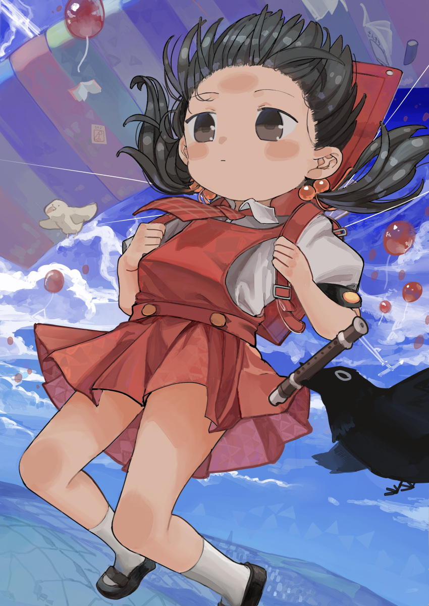 1girl absurdres backpack bag balloon bird black_hair blue_sky blush_stickers brown_eyes clouds cloudy_sky collared_shirt commentary_request crow day dove dress expressionless feet_up floating_hair foot_out_of_frame forehead hair_bobbles hair_ornament highres instrument kaai_yuki kyoufuu_all_back_(vocaloid) looking_down low_twintails mary_janes microa midair necktie notebook parachute pinafore_dress plaid_necktie pleated_dress puffy_short_sleeves puffy_sleeves randoseru recorder red_bag red_dress red_necktie shirt shoes short_dress short_sleeves sky sleeveless sleeveless_dress socks solo twintails vocaloid white_shirt white_socks wind