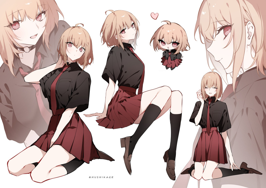 1girl absurdres adjusting_hair ahoge black_shirt blush breasts chibi choker closed_eyes closed_mouth dress_shirt heart highres kneehighs kneeling large_breasts looking_at_viewer multiple_views necktie o-ring o-ring_choker open_mouth original pale_skin pleated_skirt red_necktie red_skirt shiozaki_shino shirt shoes short_hair short_sleeves sitting skirt smile socks solo twitter_username wariza wide_sleeves