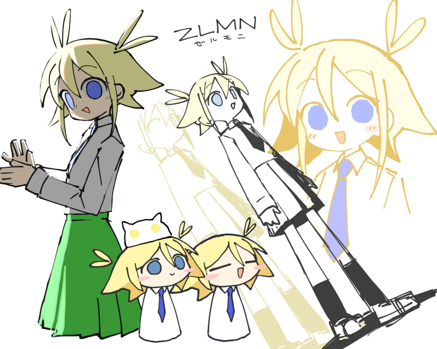 1girl :&gt; acronym antenna_hair blonde_hair blue_eyes blue_necktie blush_stickers chibi commentary copyright_name creature_on_head cropped_legs cropped_torso detached_hair empty_eyes full_body green_skirt hair_flaps highres light_blush long_sleeves looking_at_viewer multiple_views necktie odayaka open_mouth own_hands_together partially_colored pleated_skirt raised_eyebrows school_uniform shirt short_hair sidelighting sidelocks simple_background skirt smile tetata_pachi white_background white_shirt wide-eyed zelmoni