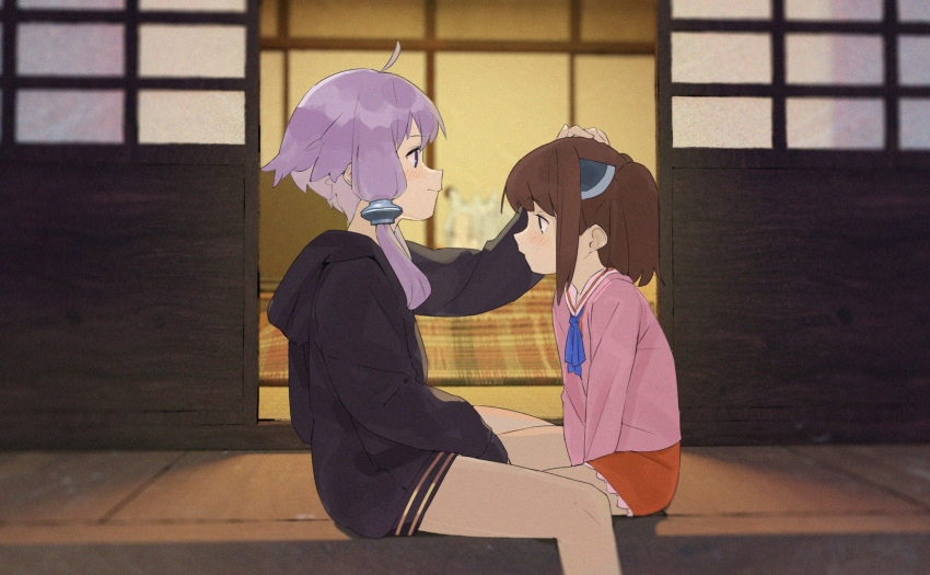 2girls 3girls ahoge animal_ears arm_between_legs arms_between_legs black_hoodie blade blue_ribbon blurry blurry_background blush brown_hair closed_mouth commentary depth_of_field dress foot_out_of_frame fox_ears from_side hand_on_another's_head headgear highres hood hood_down hoodie jacket kotatsu light_purple_hair light_smile long_sleeves looking_at_another looking_to_the_side multiple_girls neck_ribbon night no_legwear orange_dress outdoors parted_bangs pikumin pink_jacket pink_sailor_collar profile raised_eyebrows ribbon sailor_collar short_dress short_hair short_hair_with_long_locks shouji sitting sliding_doors table touhoku_itako touhoku_kiritan twintails violet_eyes vocaloid voiceroid white_hair yuri yuzuki_yukari