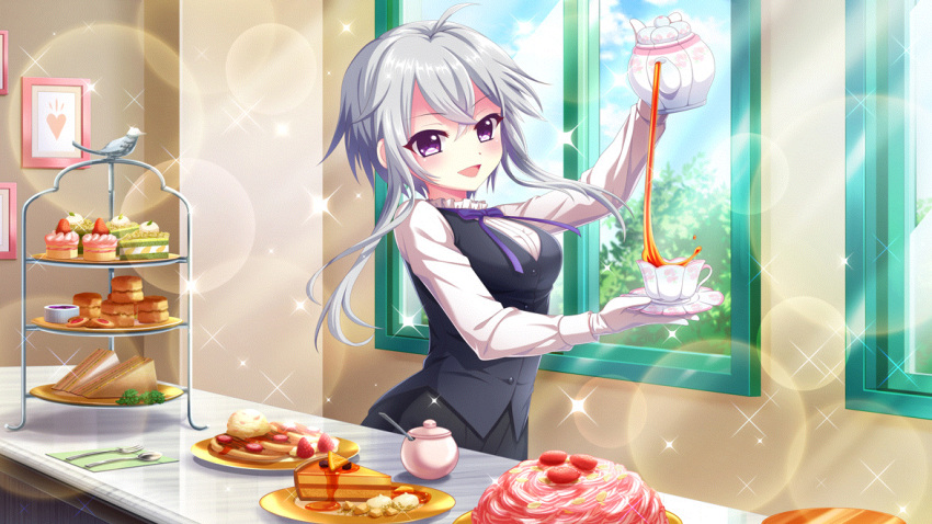 1girl ahoge black_suit blue_sky breasts buttons collar counter cup day dessert dot_nose film_grain food food_request fork formal frilled_collar frills fruit game_cg garnish gloves grey_hair heart holding holding_saucer holding_teapot ichijou_ruka indoors izumi_tsubasu lens_flare long_sleeves medium_breasts napkin neck_ribbon non-web_source official_art open_mouth pancake pastry picture_frame pie plate pouring purple_ribbon re:stage! ribbon sandwich saucer short_hair_with_long_locks sky smile solo sparkle spoon strawberry suit tea teacup teapot violet_eyes white_gloves white_sleeves window