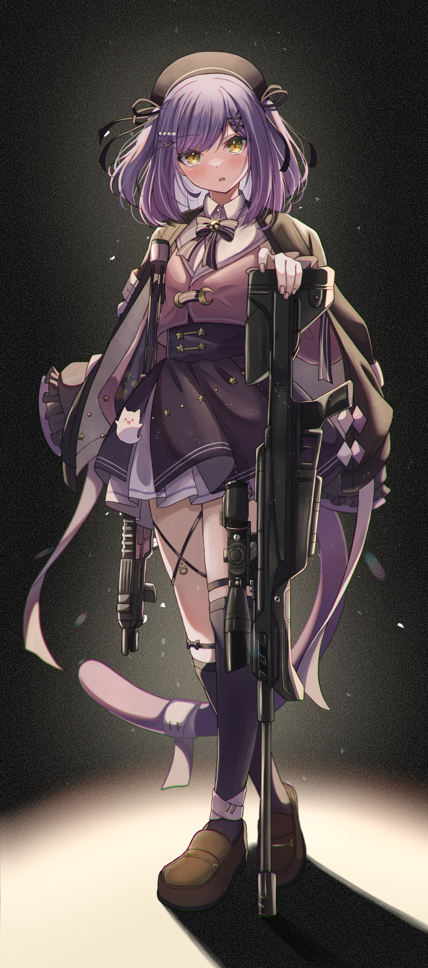 1girl :o absurdres ankle_strap anku backlighting bandaged_ankle bandaged_tail beret black_bow black_coat black_headwear black_ribbon black_thighhighs blush bow cat_tail coat coat_on_shoulders collared_shirt cropped_jacket frilled_skirt frilled_sleeves frills full_body gun hair_ornament hairclip hat high-waist_skirt highres holding holding_gun holding_weapon jacket layered_skirt light_particles looking_at_viewer medium_hair purple_hair purple_jacket purple_skirt ribbon rifle scope shinomiya_runa shirt skirt sleeves_past_wrists sniper_rifle solo striped striped_bow tail thigh-highs virtual_youtuber vspo! weapon white_shirt x_hair_ornament yellow_eyes