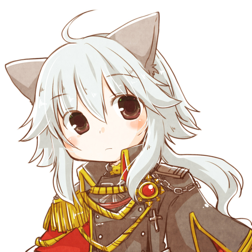 1girl ahoge androgynous animal_ears blush brown_coat brown_eyes buttons cat_ears chain closed_mouth coat commentary_request cross double-breasted expressionless futami_yayoi hair_between_eyes highres long_bangs long_hair looking_at_viewer military military_uniform ragnarok_online rebellion_(ragnarok_online) sidelocks simple_background solo uniform upper_body white_background white_hair