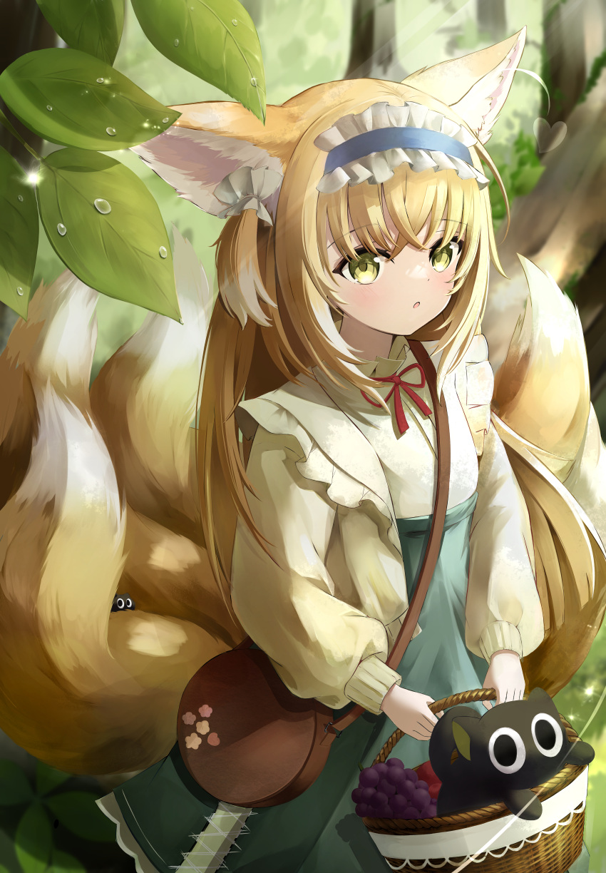 1girl :o absurdres animal_ear_fluff animal_ears aqua_skirt arknights bag basket black_cat blonde_hair blue_hairband blush brown_bag cardigan cat commentary_request cross-laced_clothes cross-laced_skirt cross-laced_slit crossed_bangs crossover feet_out_of_frame food fox_ears fox_girl fox_tail frilled_hairband frills fruit grapes green_eyes hair_ornament hair_scrunchie hairband heixiu high-waist_skirt highres holding holding_basket kitsune kyuubi long_hair long_sleeves luo_xiaohei luo_xiaohei_zhanji multicolored_hair multiple_tails neck_ribbon official_alternate_costume open_cardigan open_clothes outdoors parted_lips partial_commentary puffy_long_sleeves puffy_sleeves red_ribbon ribbon round_bag scrunchie seijiikeuchi shirt shoulder_bag skirt sleeve_cuffs solo standing suzuran_(arknights) suzuran_(spring_praise)_(arknights) tail two-tone_hair white_hair white_shirt yellow_cardigan