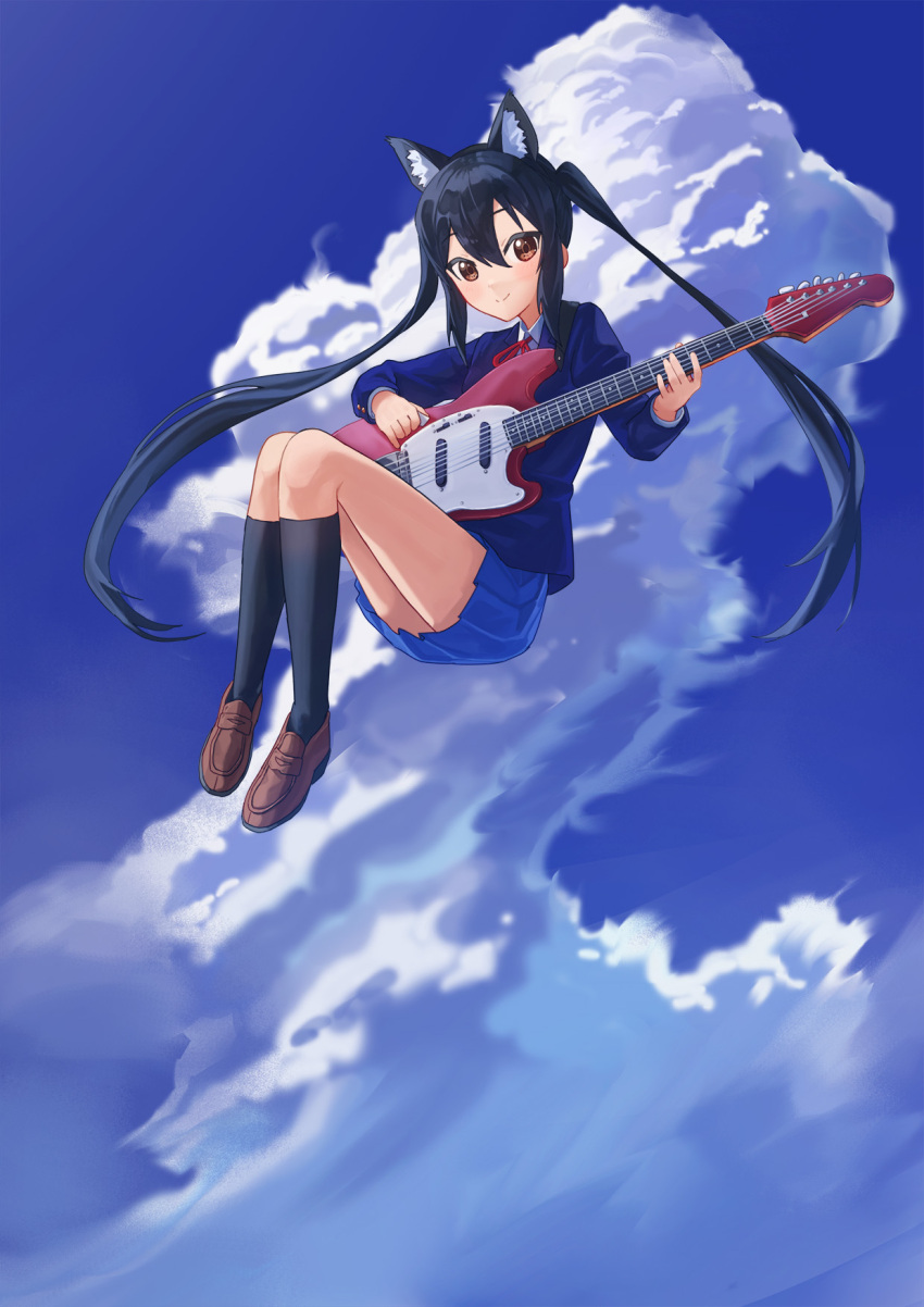 1girl black_hair black_socks blazer blue_jacket blue_skirt blue_sky blush brown_eyes brown_footwear closed_mouth clouds collared_shirt commentary_request day full_body guitar hair_between_eyes highres holding holding_instrument instrument jacket k-on! kneehighs long_hair long_sleeves looking_at_viewer mandei_(nao_1234567) music nakano_azusa neck_ribbon outdoors playing_instrument pleated_skirt red_ribbon ribbon sakuragaoka_high_school_uniform school_uniform shirt sidelocks skirt sky smile socks solo twintails white_shirt winter_uniform