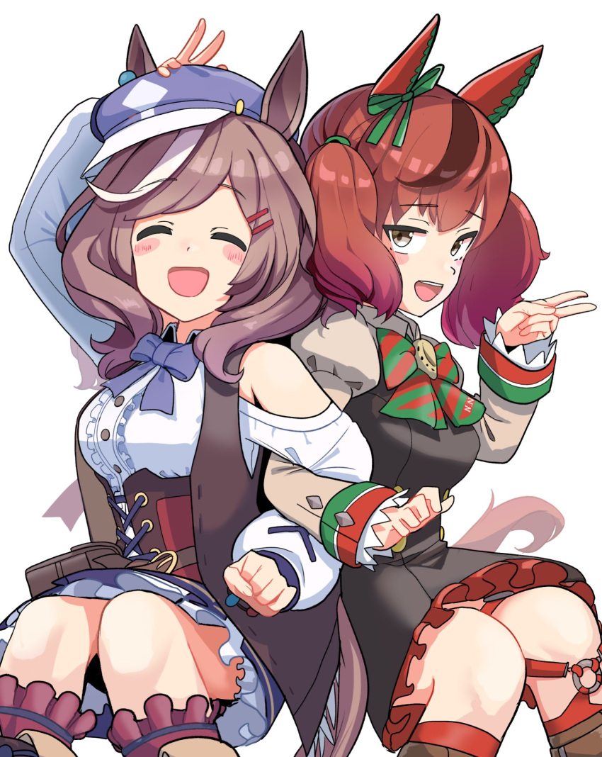 2girls animal_ears arm_up belt black_dress blue_bow blue_bowtie blush_stickers boots bow bowtie breasts brown_hair brown_shirt buttons center_frills closed_eyes clothing_cutout collared_shirt dress ear_covers ears_through_headwear facing_viewer feet_out_of_frame frills hair_ornament hairclip hand_on_headwear hat highres horse_ears horse_girl horse_tail invisible_chair juliet_sleeves locked_arms long_hair long_sleeves looking_at_viewer matikane_tannhauser_(umamusume) multicolored_hair multiple_girls nice_nature_(umamusume) open_mouth pouch puffy_sleeves shirt shoulder_cutout sitting small_breasts smile streaked_hair striped striped_bow striped_bowtie tail takuan_(taku1219oekaki) twintails umamusume v white_background white_shirt