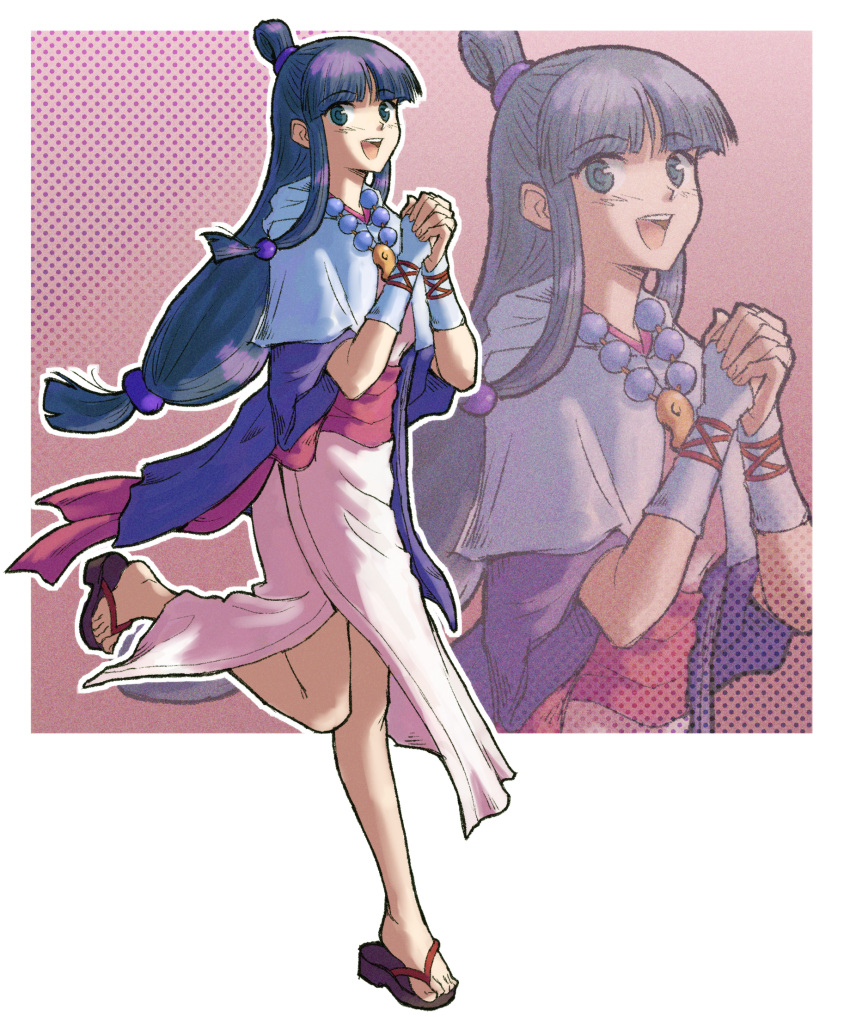 1girl :d ace_attorney bead_necklace beads black_hair blue_eyes blue_pupils fingernails full_body highres interlocked_fingers japanese_clothes jewelry kimono leg_up long_hair low-tied_long_hair magatama magatama_necklace maya_fey necklace open_mouth outline own_hands_clasped own_hands_together pink_kimono red_sash sash single_hair_ring smile solo teeth upper_teeth_only white_outline zawabug zoom_layer zouri