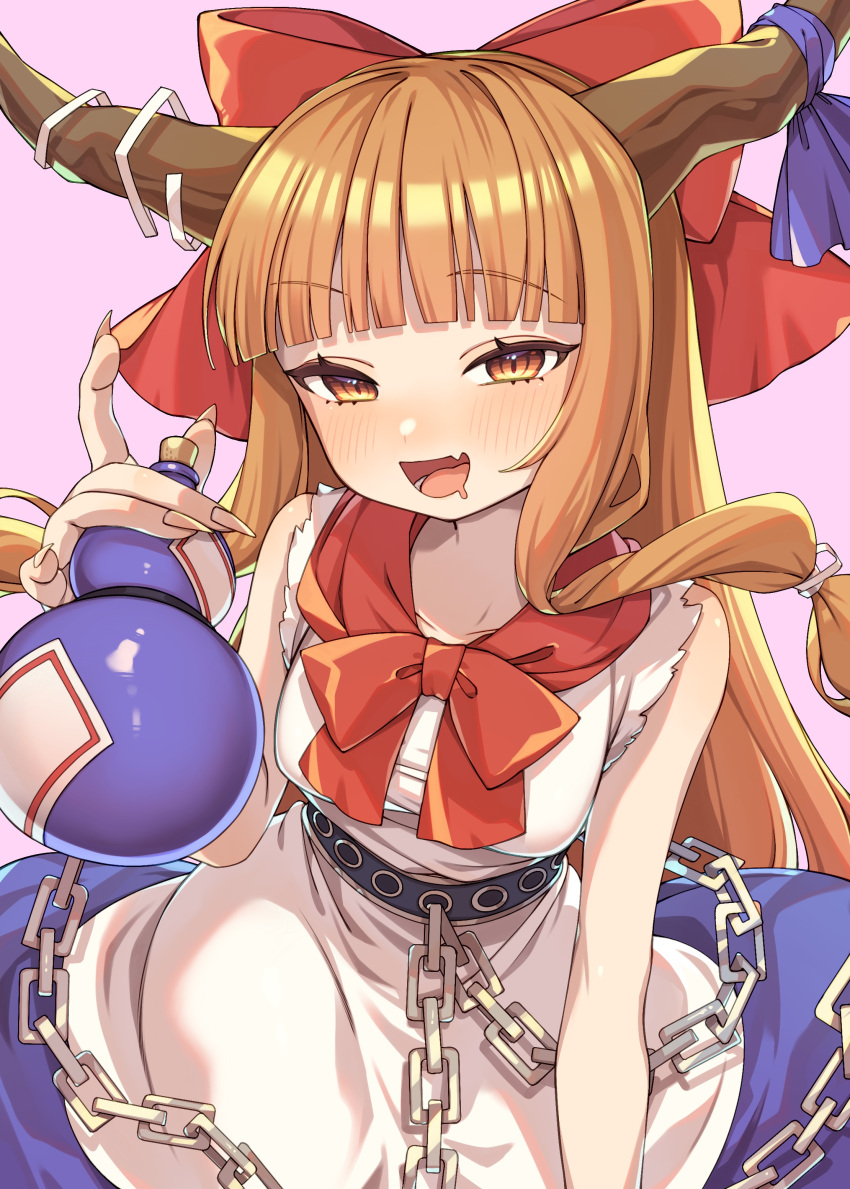 1girl absurdres blue_ribbon blue_skirt blush bow chain drooling e_sdss fang fingernails gourd hair_bow highres holding horn_ornament horn_ribbon horns ibuki_suika long_fingernails long_hair looking_at_viewer mouth_drool oni_horns open_mouth orange_eyes orange_hair pink_background red_bow ribbon sharp_fingernails shirt simple_background skin_fang skirt smile solo torn_clothes torn_sleeves touhou white_shirt