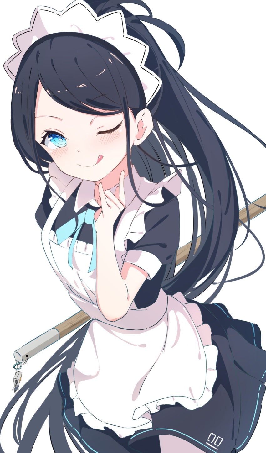 1girl ;q apron aris_(blue_archive) aris_(maid)_(blue_archive) black_hair blue_archive blue_eyes blush broom highres holding holding_broom long_hair looking_at_viewer maid maid_apron maid_headdress official_alternate_costume one_eye_closed ponytail runep short_sleeves simple_background solo tongue tongue_out white_background