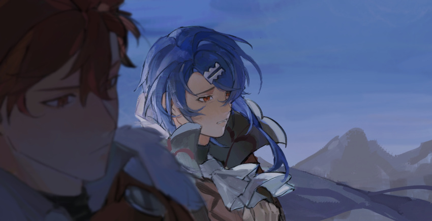 2boys absurdres alcryst_(fire_emblem) ascot blue_hair blue_sky brothers closed_mouth diamant_(fire_emblem) fire_emblem fire_emblem_engage hair_between_eyes hair_ornament hairclip high_collar highres looking_to_the_side male_focus mountain multiple_boys red_eyes redhead short_hair siblings sky white_ascot wogesb