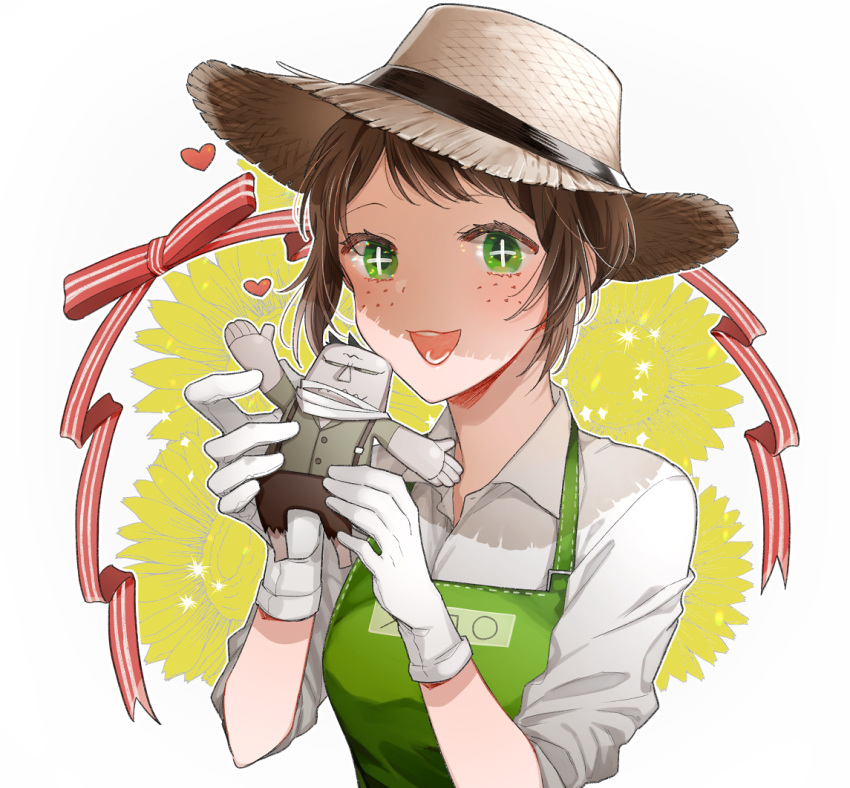 1girl apron brown_hair cross-shaped_pupils doll emma_woods eyelashes flower freckles gloves green_apron hat holding holding_doll identity_v open_mouth red_eyes red_ribbon ribbon short_hair simple_background solo straw_hat sunflower symbol-shaped_pupils teeth toukei white_background white_gloves