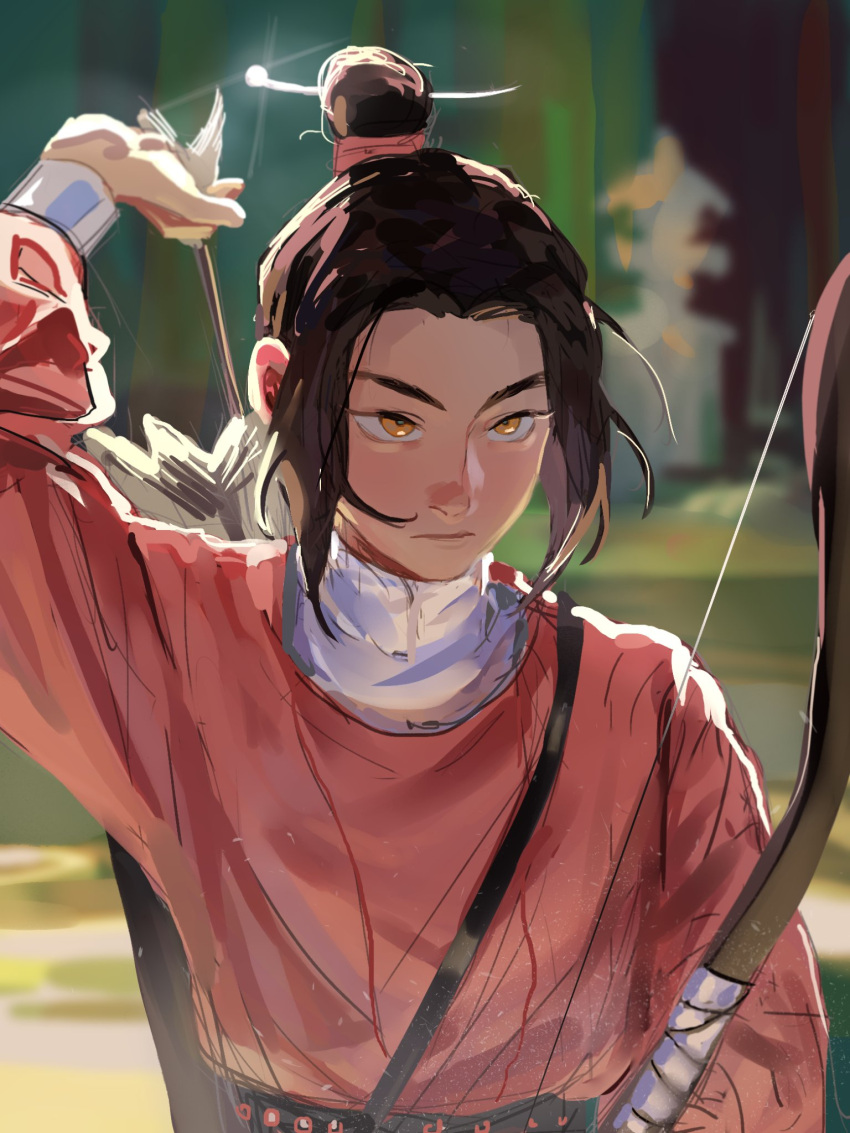 1boy arrow_(projectile) axis_powers_hetalia black_hair bow_(weapon) china_(hetalia) chinese_clothes green_eyes hair_bun highres holding holding_arrow parted_bangs solo weapon wine0cellar