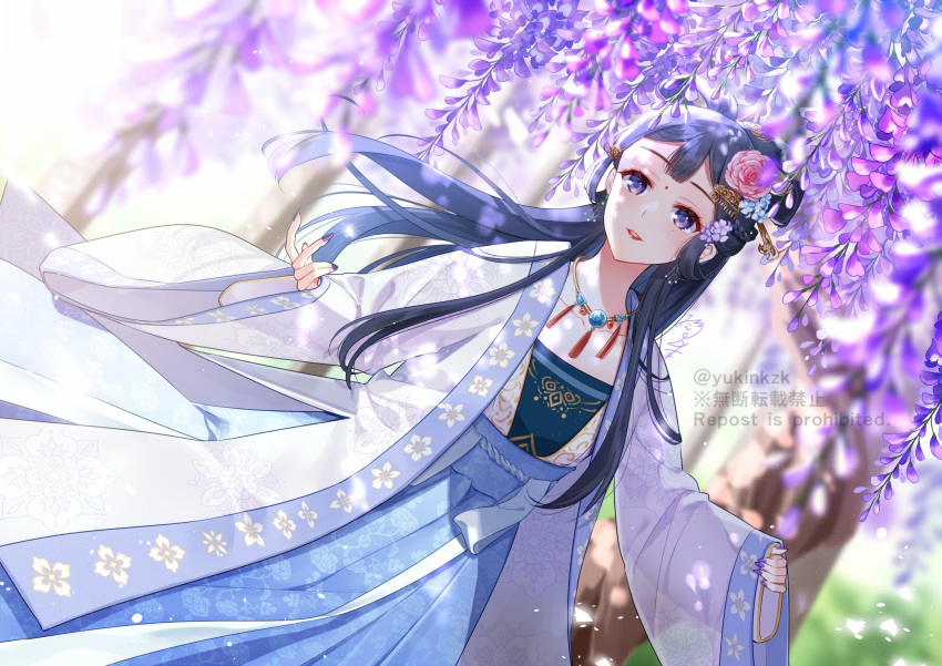 1girl black_hair blue_flower blurry blurry_background blurry_foreground chinese_clothes collarbone commentary_request depth_of_field dutch_angle flower hair_flower hair_ornament hanfu highres long_hair long_sleeves looking_at_viewer looking_away looking_to_the_side nail_polish nekozuki_yuki original parted_lips pinching_sleeves pink_flower pink_rose purple_flower purple_nails red_lips rose sleeves_past_wrists solo twitter_username very_long_hair violet_eyes watermark wisteria