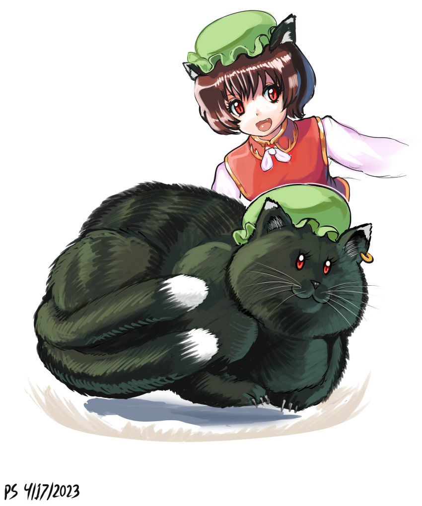 1girl absurdres black_cat cat chen chen_(cat) commentary dated earrings english_commentary green_headwear hat highres jewelry mob_cap multiple_tails multiple_views nekomata profitshame red_eyes signature simple_background single_earring tail touhou two_tails white_background
