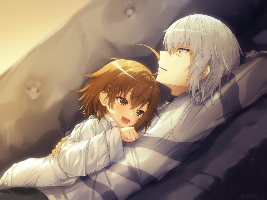 1boy 1girl :d absurdres accelerator_(toaru_majutsu_no_index) age_difference ahoge amatsuji arm_pillow arms_around_waist arms_behind_head artist_name black_choker black_pants blurry blurry_background blush bob_cut brown_eyes brown_hair choker coat commentary constricted_pupils couch depth_of_field dusk dutch_angle eyelashes grey_hair grey_shirt hair_between_eyes hand_on_another's_back hand_on_another's_chest head_on_chest height_difference highres indoors lab_coat last_order_(toaru_majutsu_no_index) long_bangs long_sleeves looking_ahead looking_at_another lying lying_on_person messy_hair narrowed_eyes on_back on_couch on_stomach open_mouth pants parted_lips red_eyes sanpaku shirt shirt_grab short_hair signature size_difference smile striped striped_shirt sunset textless_version toaru_kagaku_no_railgun toaru_majutsu_no_index twitter_username white_coat white_shirt