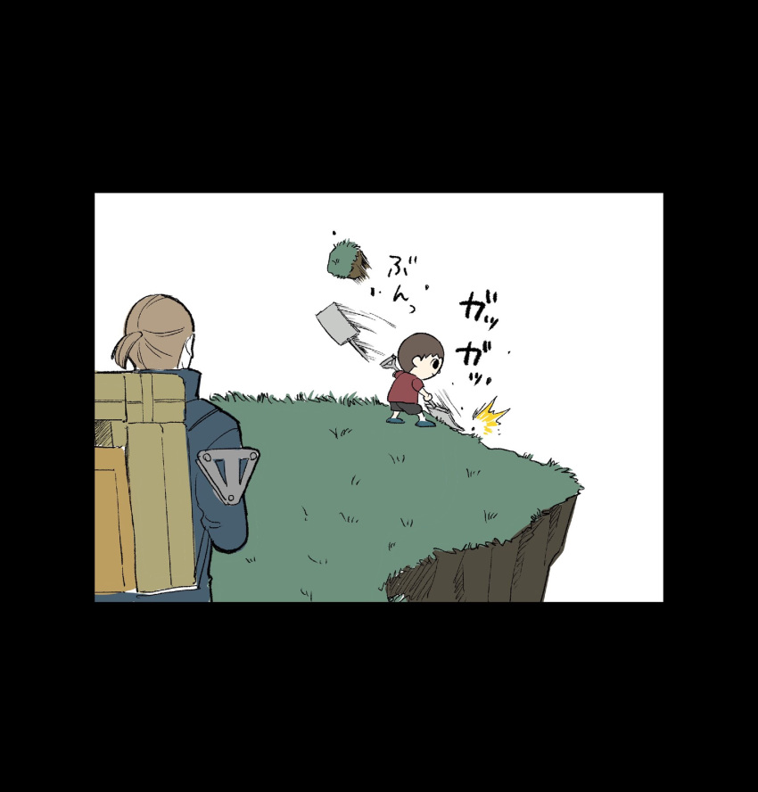 2boys animal_crossing brown_hair carrying crossover death_stranding digging from_behind highres holding holding_shovel male_focus multiple_boys outdoors package ponytail sam_porter_bridges shovel t_(t345678912) villager_(animal_crossing)