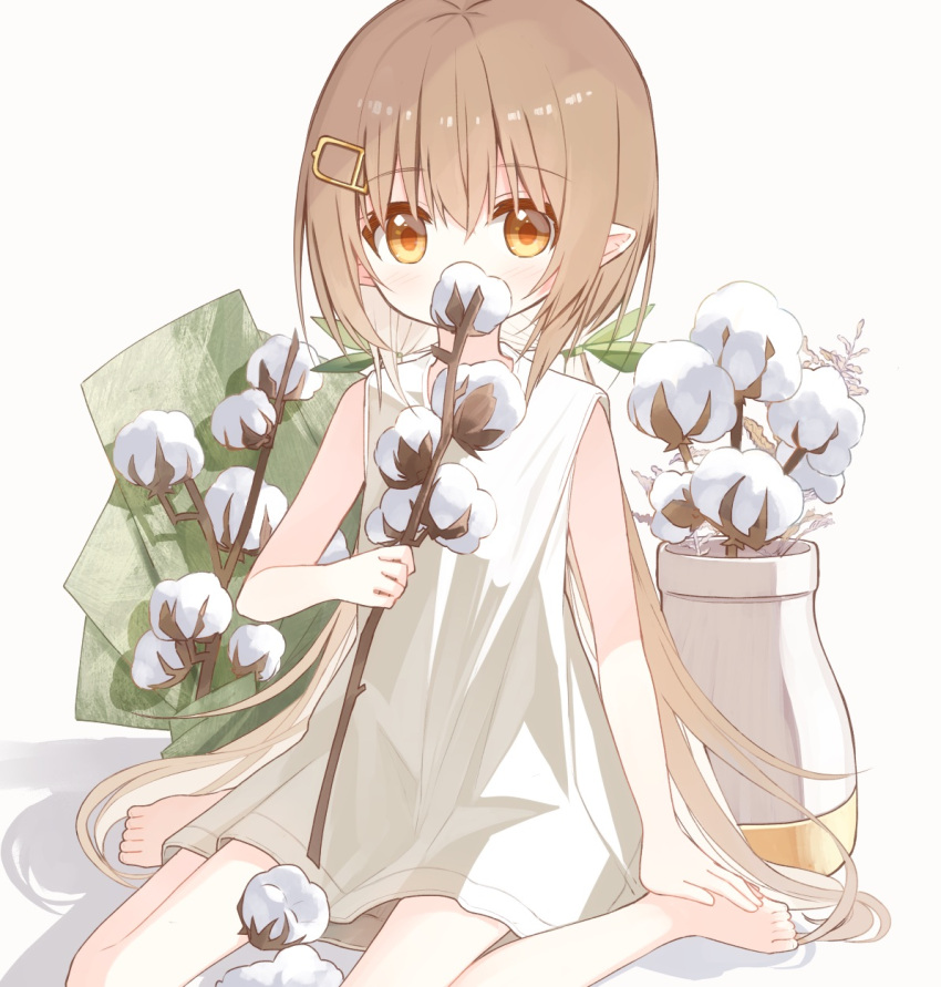 bare_arms barefoot blush brown_eyes brown_hair commentary_request covered_mouth dress green_ribbon hair_between_eyes hair_ornament hair_ribbon hairclip highres holding long_hair looking_at_viewer low_twintails original plant_request pointy_ears ribbon shadow simple_background sitting sleeveless sleeveless_dress squirrel_girl_(yuuhagi_(amaretto-no-natsu)) twintails very_long_hair wariza white_background white_dress yuuhagi_(amaretto-no-natsu)