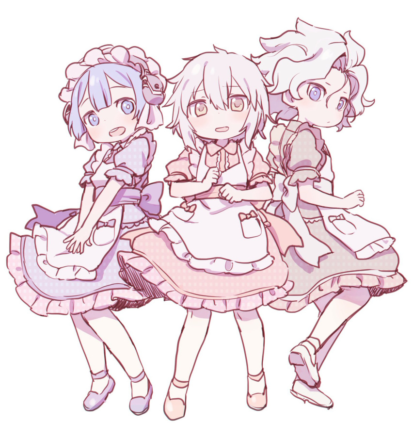 1other 2boys alternate_costume androgynous apron belafu_(human) blue_eyes blue_hair frilled_apron frills highres iczdb looking_at_viewer made_in_abyss maid maid_apron maid_headdress maruruk multiple_boys nanachi_(made_in_abyss)_(human) open_mouth otoko_no_ko puffy_short_sleeves puffy_sleeves short_hair short_sleeves white_apron white_hair yellow_eyes