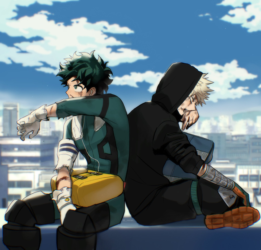 2boys back-to-back backpack bag bag_on_lap bag_removed bakugou_katsuki between_legs black_blood black_jacket black_pants blonde_hair blood blood_on_arm blood_on_face blue_bag blue_sky blurry blurry_background bodysuit boku_no_hero_academia bright_pupils building chromatic_aberration city clouds cloudy_sky colored_shoe_soles commentary_request curly_hair cuts depth_of_field earphones freckles from_side gloves green_bodysuit green_eyes green_gloves green_hair hand_between_legs hand_on_own_face hand_to_own_face hand_up highres hood hood_up hooded_jacket indian_style injury jacket knee_pads korean_commentary leaning_forward light looking_ahead looking_away male_focus midoriya_izuku miman_(_miman) multiple_boys nosebleed open_mouth orange_gloves outdoors pants profile red_eyes scratches shoe_soles short_hair sitting sky sleeves_past_elbows sleeves_pushed_up spiky_hair stained_clothes sunlight torn_clothes torn_gloves torn_sleeve twitter_username two-tone_gloves white_gloves white_pupils wiping_face yellow_bag