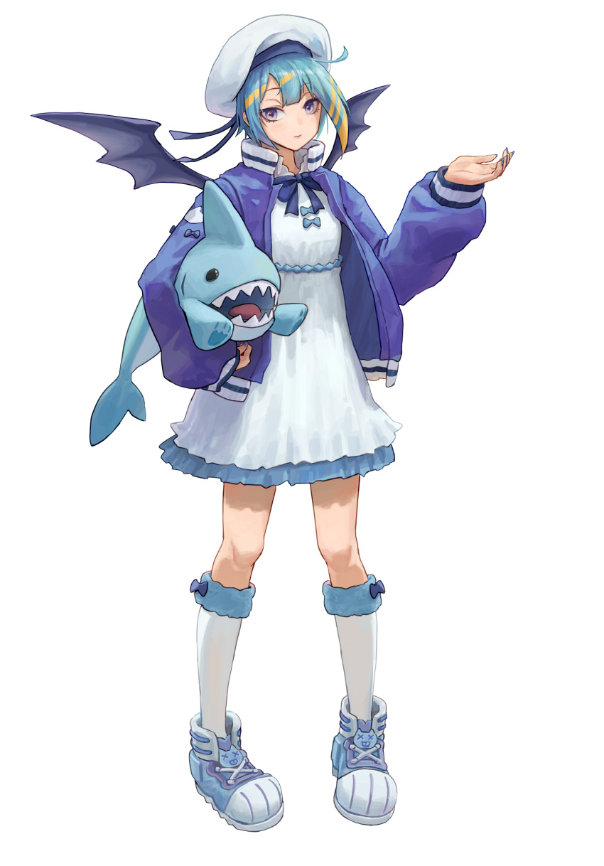 1girl blonde_hair blue_bow blue_footwear blue_hair blue_jacket bow closed_mouth dress full_body fur_trim hand_up hat highres holding holding_stuffed_toy jacket kneehighs lil-la_(yu-gi-oh!) live_twin_lil-la looking_at_viewer mini_wings multicolored_hair naxile sailor_hat short_hair simple_background socks solo standing stuffed_animal stuffed_shark stuffed_toy violet_eyes white_background white_dress wings yu-gi-oh!