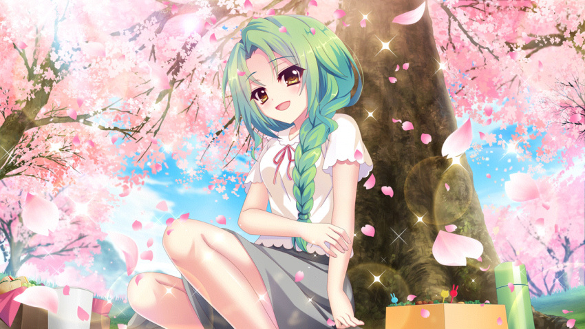 1girl against_tree bento blue_sky breasts cherry_blossoms cherry_tree day dot_nose film_grain food from_below game_cg grass green_hair grey_skirt hanami hand_on_own_arm head_tilt izumi_tsubasu lens_flare long_braid long_hair looking_at_viewer medium_breasts non-web_source official_art on_ground open_mouth outdoors re:stage! red_ribbon ribbon shirokita_kuroha shirt sitting skirt sky smile solo sparkle sunlight thermos tree white_shirt yellow_eyes