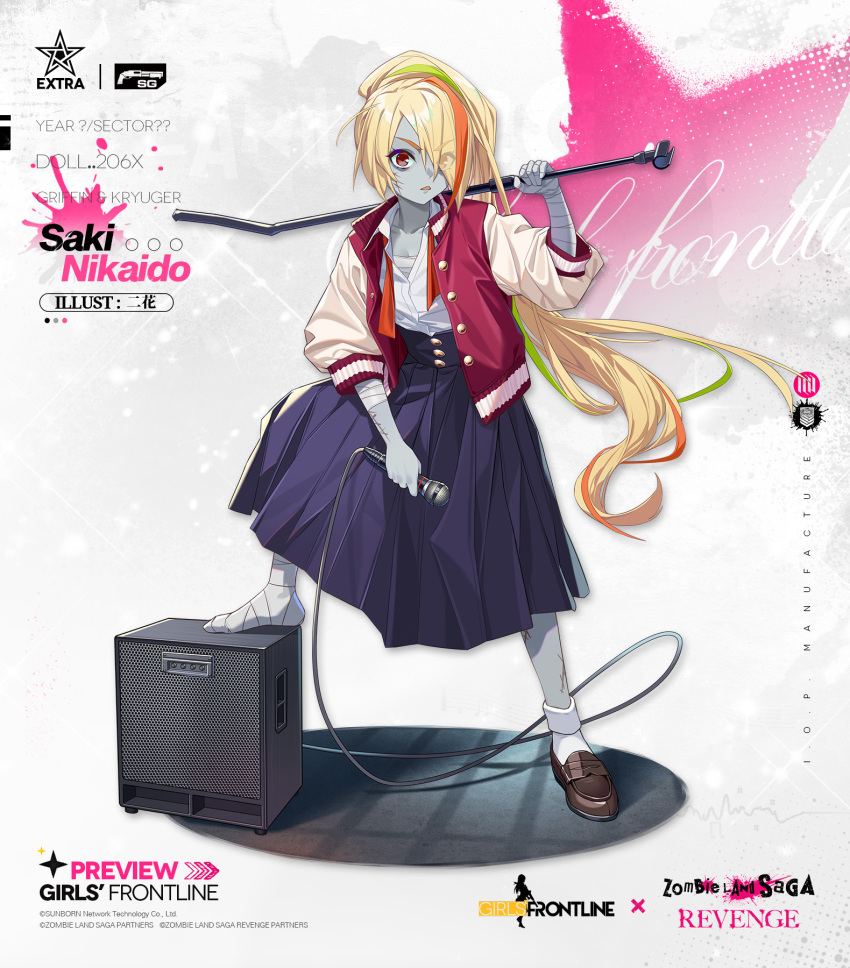 1girl ankle_socks bandages blonde_hair blue_skirt brown_footwear cable character_name collarbone colored_skin commentary crossover english_commentary eyes_visible_through_hair full_body girls_frontline green_eyes grey_skin hair_over_one_eye high-waist_skirt highres holding holding_microphone holding_microphone_stand jacket letterman_jacket long_hair looking_at_viewer microphone microphone_stand multicolored_clothes multicolored_hair multicolored_jacket necktie nikaidou_saki official_art open_clothes open_jacket open_mouth orange_hair orange_necktie pleated_skirt ponytail red_eyes red_jacket scar scar_on_arm scar_on_face scar_on_leg shirt shirt_tucked_in shoes short_sleeves single_shoe skirt socks solo speaker streaked_hair triangle_mouth two-tone_jacket unbuttoned unbuttoned_shirt undone_necktie white_shirt white_socks yitiao_er-hua zombie zombie_land_saga
