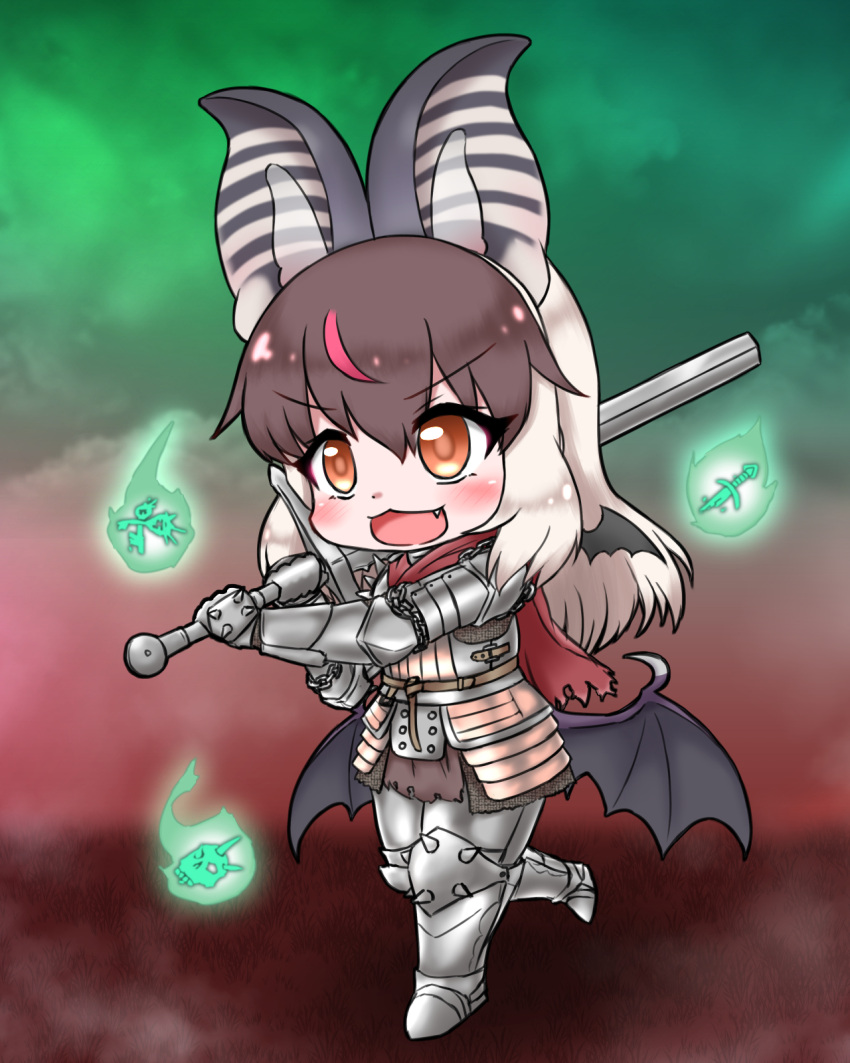 1girl animal_ears armor bat_ears bat_girl bat_wings brown_eyes brown_hair brown_long-eared_bat_(kemono_friends) dead_by_daylight extra_ears grey_hair highres kemono_friends kemono_friends_v_project long_hair mabuta_(mbt) open_mouth parody simple_background solo virtual_youtuber weapon wings