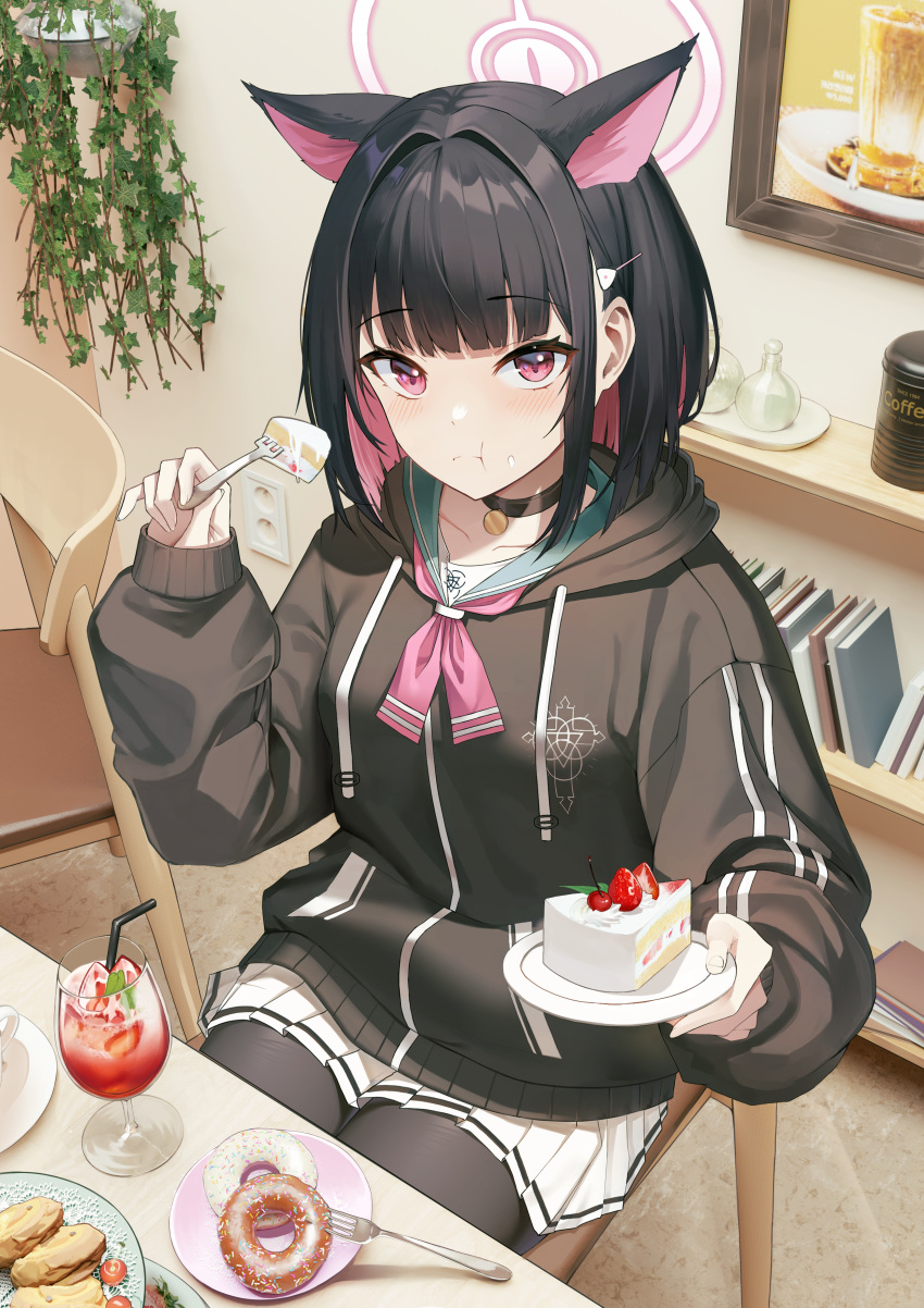 1girl absurdres animal_ears black_choker black_hair black_jacket black_pantyhose blue_archive blunt_bangs blush cake cake_slice cat_ears choker closed_mouth colored_inner_hair commentary cup doughnut drinking_glass drinking_straw eating electrical_outlet extra_ears food food_on_face fork green_sailor_collar halo highres holding holding_fork holding_plate hood hood_down hooded_jacket indoors jacket kazusa_(blue_archive) long_sleeves looking_at_viewer miniskirt multicolored_hair neckerchief pantyhose pekoku_(tamago_sushi) pink_eyes pink_hair pink_neckerchief plate pleated_skirt pout puffy_long_sleeves puffy_sleeves sailor_collar short_hair sitting skirt sleeves_past_wrists solo two-tone_hair white_skirt