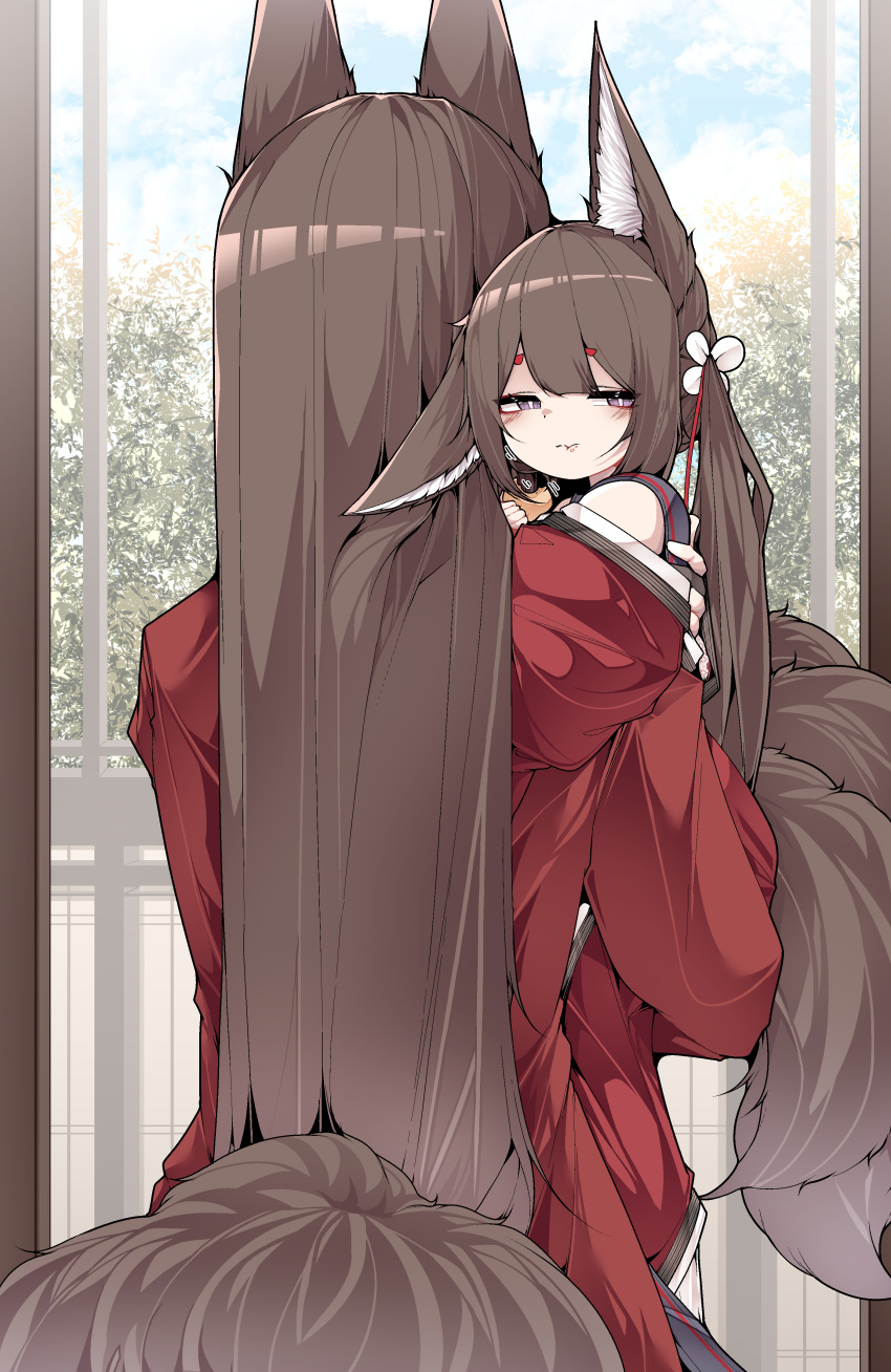 2girls absurdres age_difference aged_down amagi-chan_(azur_lane) amagi_(azur_lane) animal_ear_fluff animal_ears azur_lane blue_sky blunt_bangs brown_hair carrying carrying_person closed_mouth clouds cloudy_sky cookie dated_commentary dual_persona ear_down english_commentary flower food food_bite food_on_face fox_ears fox_girl fox_tail from_behind hair_flower hair_ornament hand_on_another's_back highres holding holding_food indoors japanese_clothes kimono kitsune kyuubi long_hair looking_at_viewer multiple_girls multiple_tails red_kimono samip sidelocks sky tail thick_eyebrows tree twintails violet_eyes window