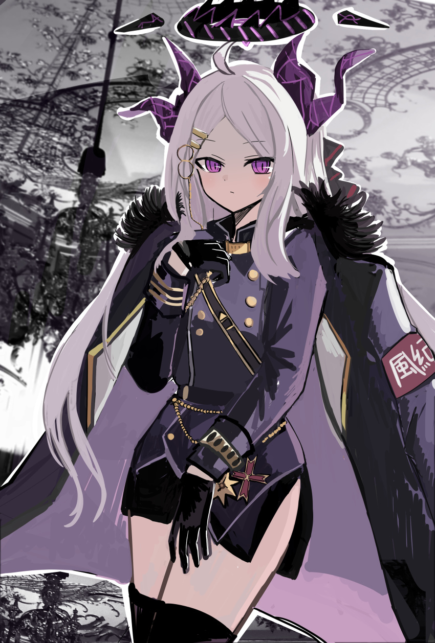1girl absurdres ahoge armband belt black_coat black_gloves black_skirt blue_archive coat coat_on_shoulders commentary_request demon_girl demon_horns forehead fur-trimmed_coat fur_trim future_zero gloves hair_ornament hair_ribbon hairclip halo highres hina_(blue_archive) horns long_hair long_sleeves looking_at_viewer military military_uniform open_clothes open_coat parted_bangs pencil_skirt ribbon sam_browne_belt shoulder_belt side_slit sidelocks skirt solo uniform violet_eyes white_hair