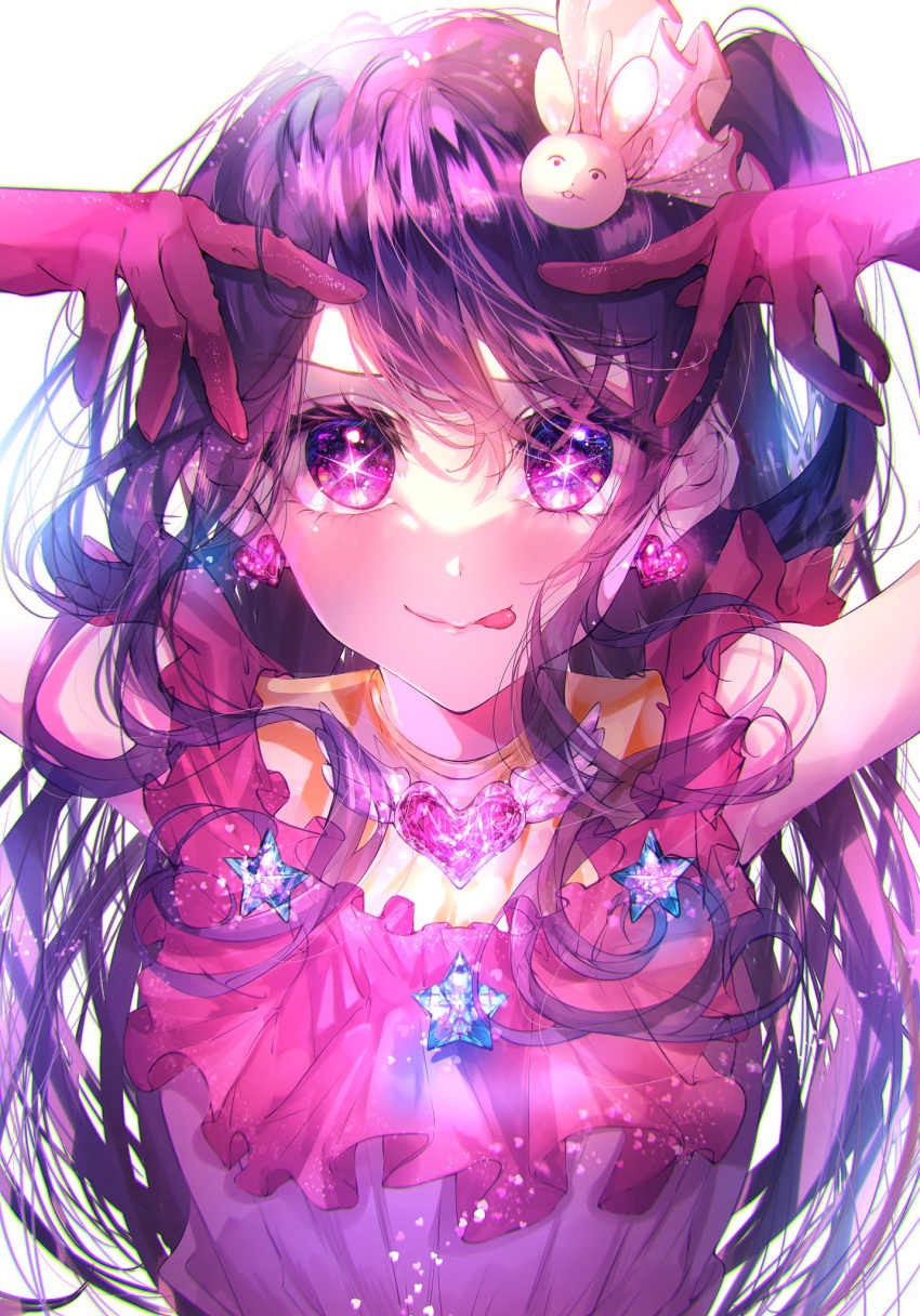 1girl bare_shoulders belt black_belt blush breasts closed_mouth commentary_request dress earrings gloves hair_between_eyes hair_ornament hair_ribbon hands_up heart heart_earrings highres hoshino_ai_(oshi_no_ko) idol jewelry long_hair looking_at_viewer medium_breasts multicolored_eyes one_side_up oshi_no_ko pinapo_25 pink_dress pink_eyes pink_gloves purple_hair rabbit_hair_ornament ribbon sidelocks simple_background sleeveless sleeveless_dress smile solo star-shaped_pupils star_(symbol) symbol-shaped_pupils tongue tongue_out turtleneck turtleneck_dress violet_eyes white_background white_ribbon