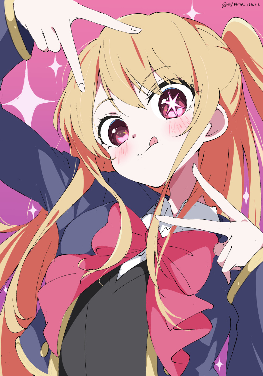 1girl absurdres blazer blonde_hair blue_jacket blush bow closed_mouth collared_shirt commentary_request double_v highres hoshino_ruby jacket long_hair oshi_no_ko partial_commentary pink_bow pink_eyes school_uniform shirt side_ponytail solo star-shaped_pupils star_(symbol) symbol-shaped_pupils tongue tongue_out twitter_username uniform v white_gorilla_(okamoto) white_shirt