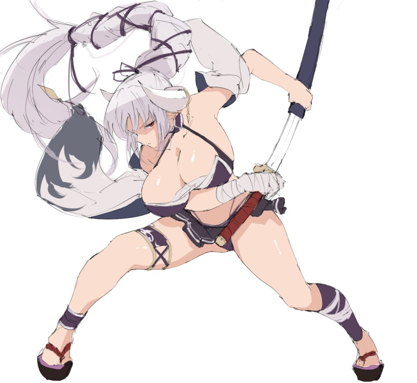 azusa_(summer)_(granblue_fantasy) bandages bikini braid braided_ponytail breasts draph drawing_sword granblue_fantasy high_ponytail holding holding_sword holding_weapon horns large_breasts looking_at_viewer official_alternate_costume official_alternate_hairstyle pdbgat pointy_ears purple_bikini sheath swimsuit sword thong_bikini unsheathing weapon white_hair