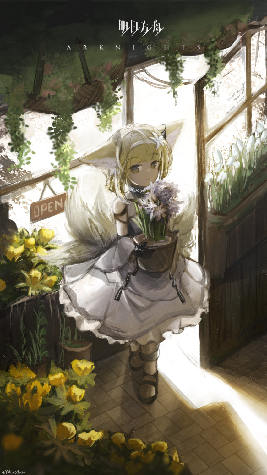 1girl absurdres animal_ears arknights artist_name bare_shoulders black_collar black_gloves blonde_hair closed_mouth collar commentary copyright_name dress earpiece english_commentary flower flower_pot fox_ears fox_girl fox_tail full_body gloves hair_flower hair_ornament hairband highres holding_flower_pot infection_monitor_(arknights) kitsune kyuubi medium_dress multicolored_hair multiple_tails purple_flower short_hair smile solo standing suzuran_(arknights) tail two-tone_hair white_flower white_hair white_hairband yellow_eyes yellow_flower yukikochenk