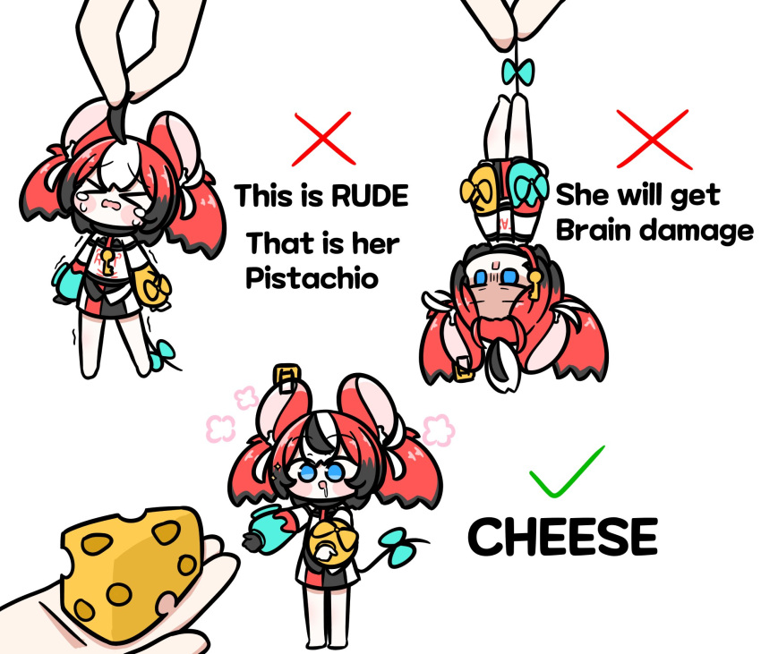 &gt;_&lt; &gt;o&lt; 1girl animal_ears bare_shoulders black_gloves black_hair blue_eyes bow checkmark cheese disembodied_limb english_text food gloves hakos_baelz highres hololive hololive_english how_to_hold_x_(meme) long_hair long_sleeves looking_at_viewer meme minigirl mouse_ears mouse_girl mouse_tail multicolored_hair redhead single_glove streaked_hair tail tail_bow tail_ornament tensutensu twintails virtual_youtuber white_hair x
